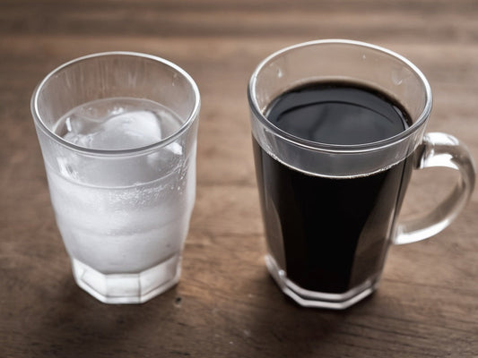 Glass of ice water beside a mug of black coffee on a wooden table