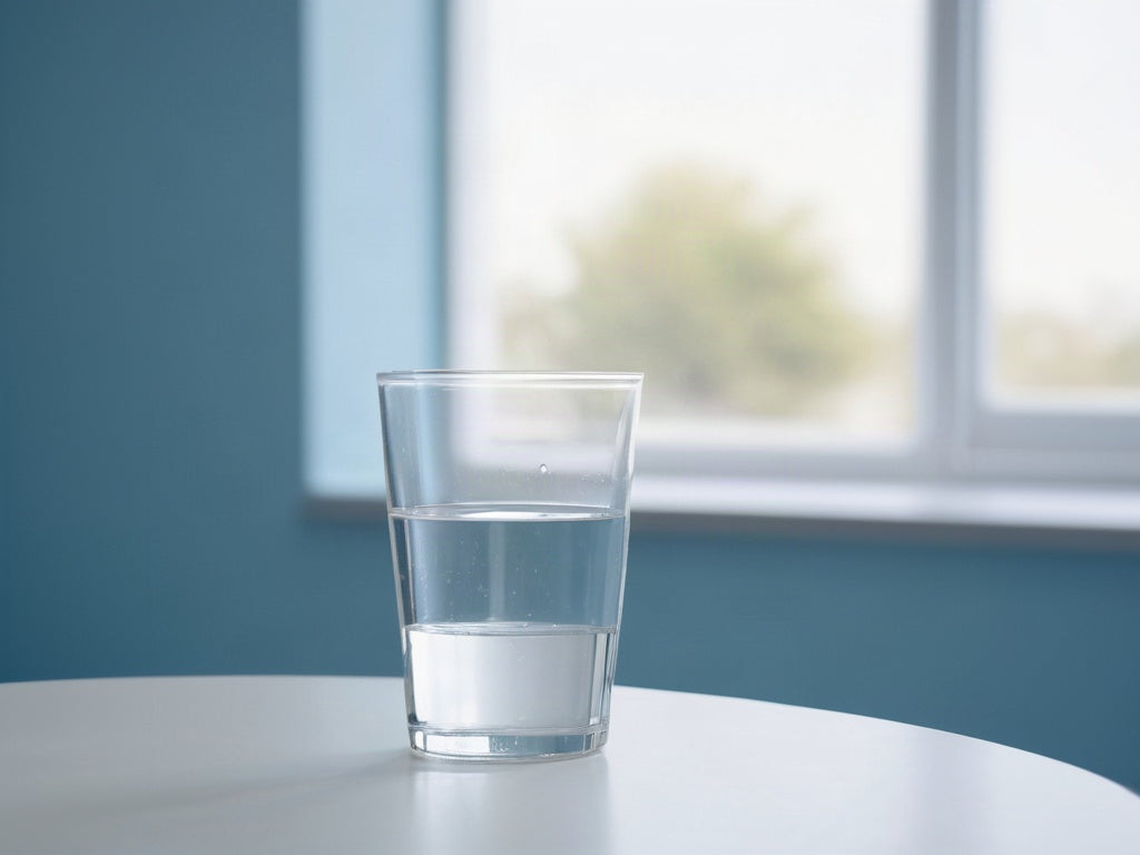 Glass of water on a table in a bright calm hallway