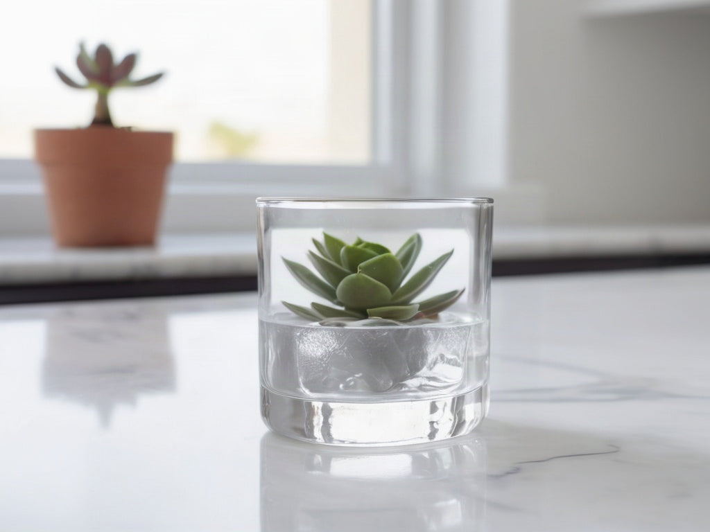 glass of water with ice on white marble countertop next to a small succulent plant