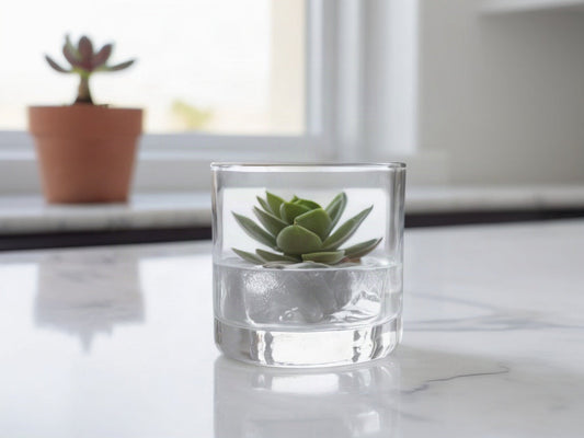 glass of water with ice on white marble countertop next to a small succulent plant