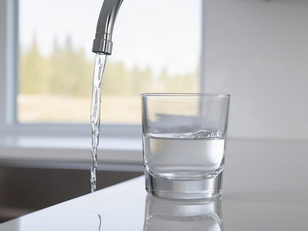 A clear drinking glass being filled with water from a plain chrome kitchen faucet in bright daylight