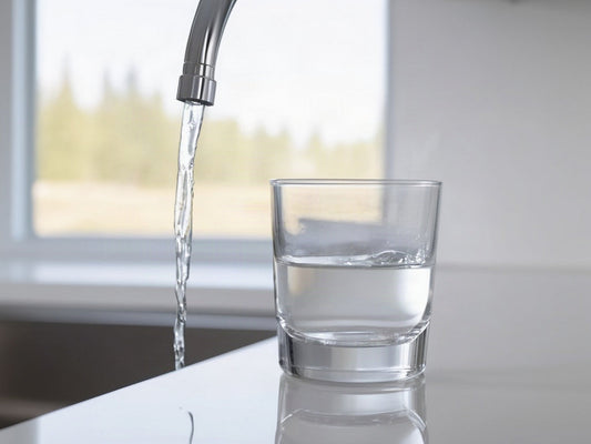 A clear drinking glass being filled with water from a plain chrome kitchen faucet in bright daylight