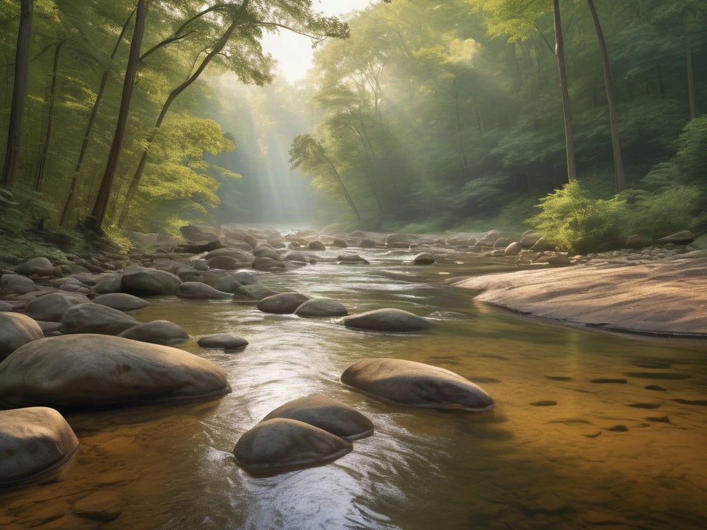 A clear shallow river flowing over rocks through a green Georgia hardwood forest in soft morning light
