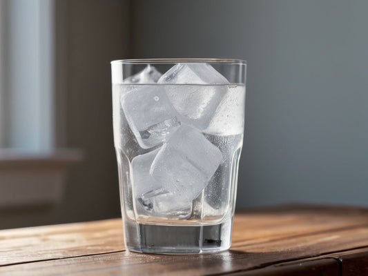 A tall clear glass of ice water with condensation on a wooden table in bright daylight