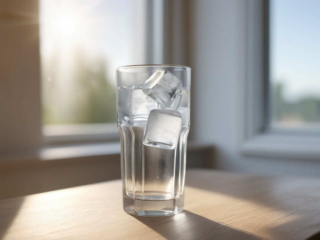 A tall clear glass of water with ice beside a sunlit window