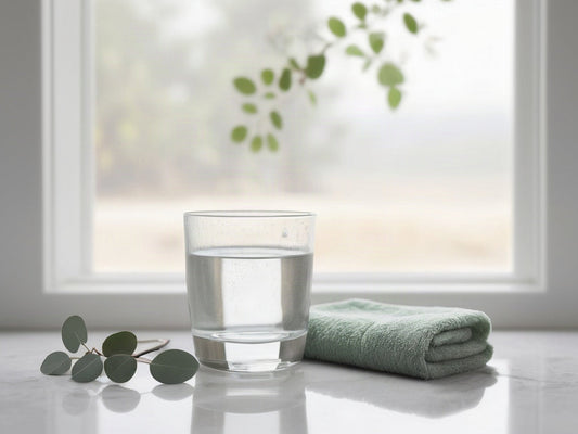 A glass of water on a pale stone counter beside a folded green washcloth and a eucalyptus sprig by a bright window