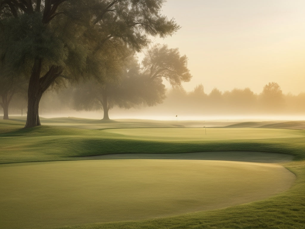 Golf course fairway at sunrise with morning mist