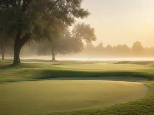 Golf course fairway at sunrise with morning mist