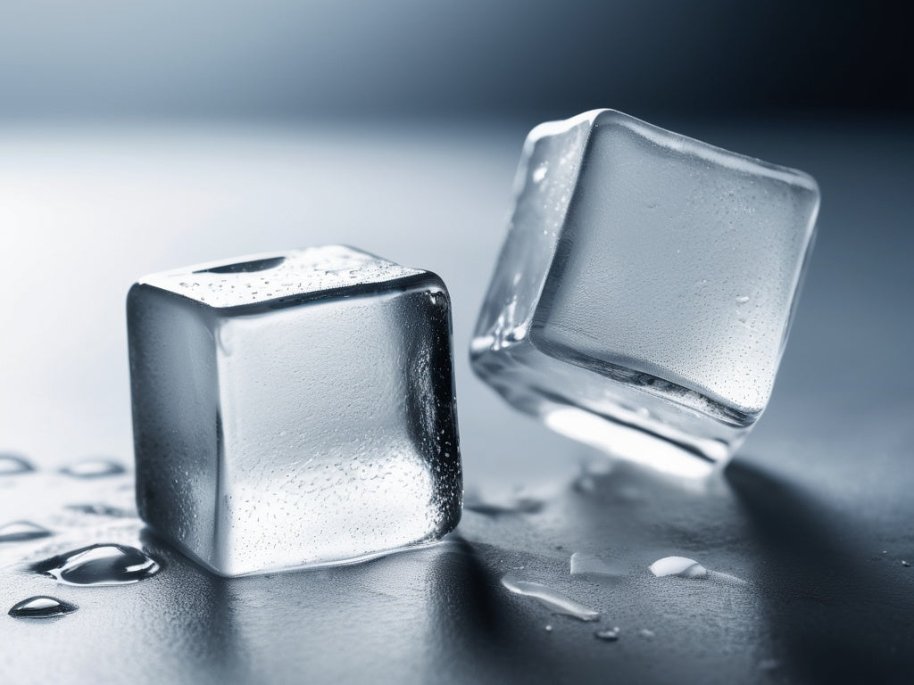 Clear ice cubes and cold water with condensation droplets