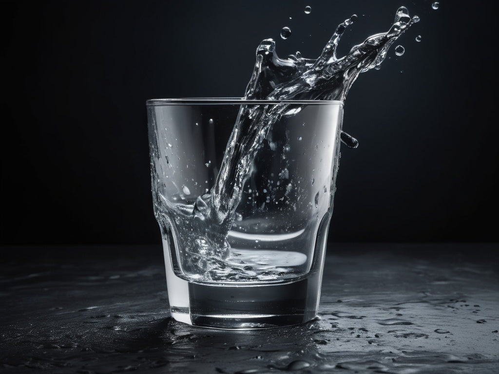 Clear water splashing into a plain drinking glass on a dark background