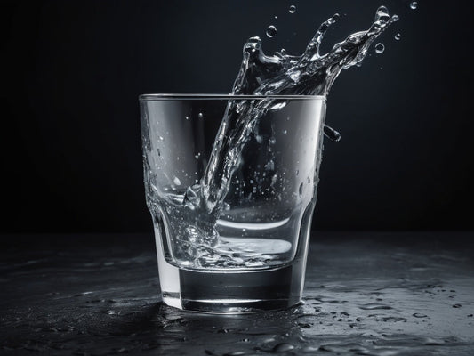 Clear water splashing into a plain drinking glass on a dark background
