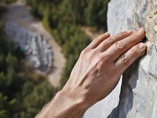 Chalked hand gripping a rock climbing hold