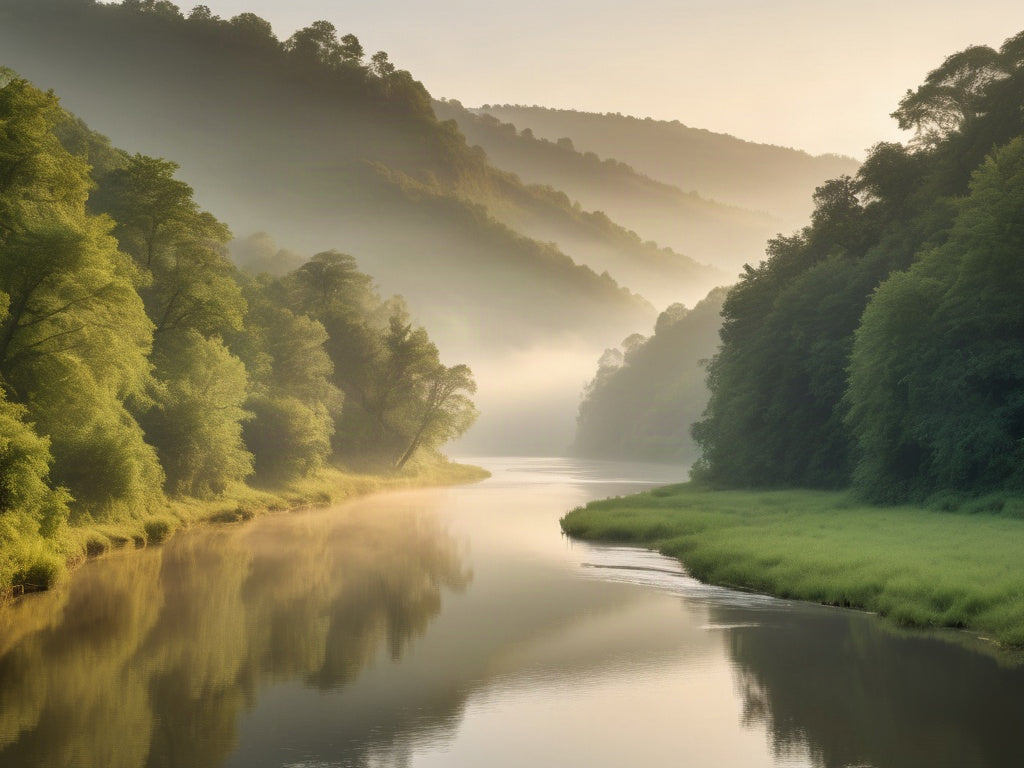 A clear river bending through a green forest valley at sunrise with soft mist