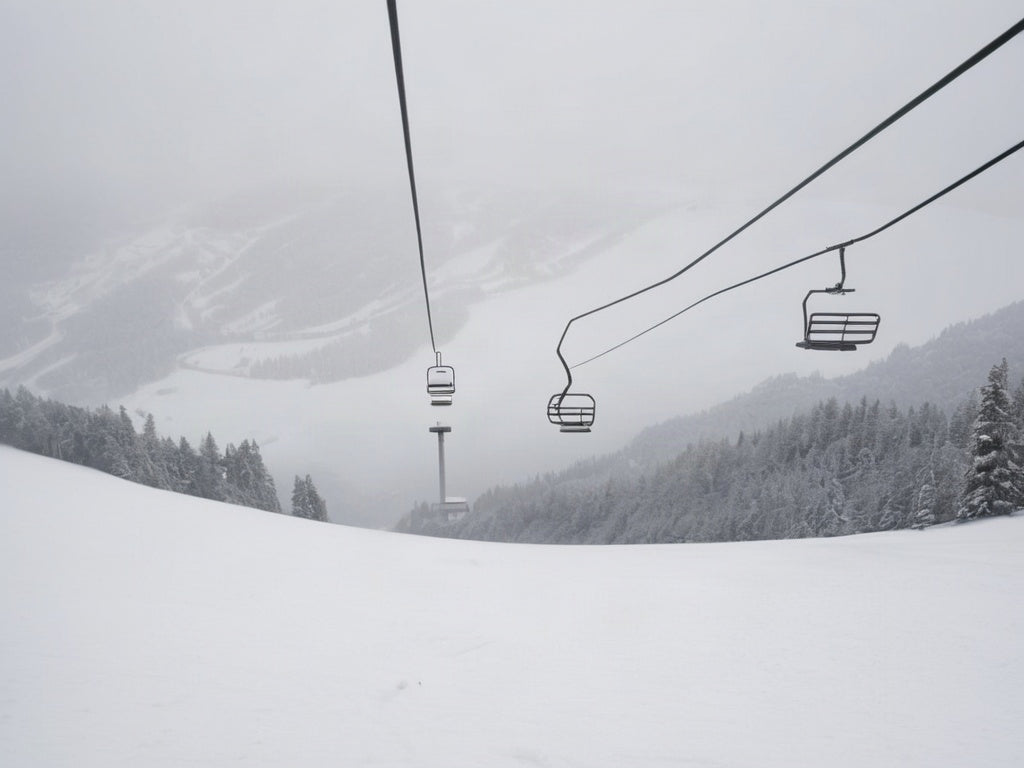 Empty ski lift chairs on a snowy mountain slope