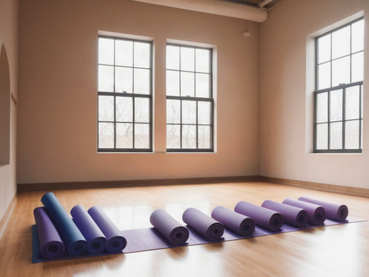 Empty gym floor with rolled yoga mats