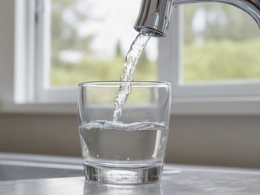 Clear water pouring from a kitchen faucet into a drinking glass