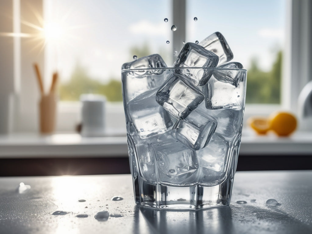 A tall clear glass of ice-cold water with ice cubes and fresh condensation