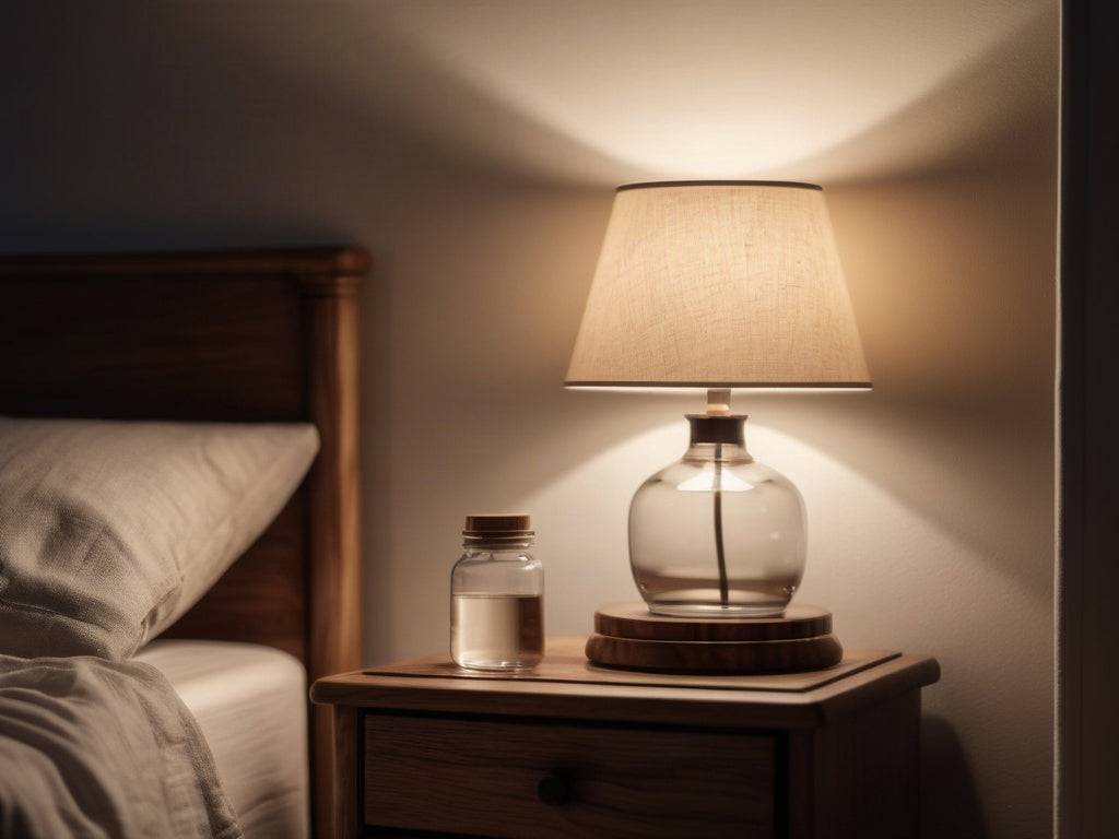 A calm bedroom at night with soft lamplight on a wooden nightstand