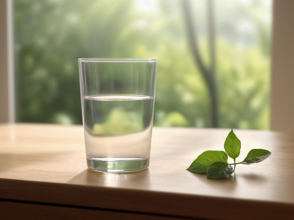 A glass of water on a wooden table beside a window with soft morning light