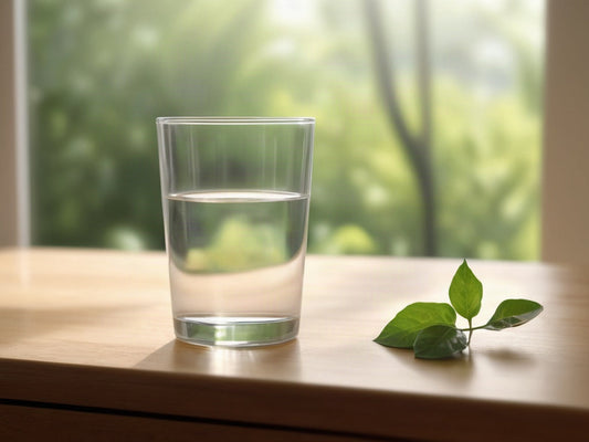 A glass of water on a wooden table beside a window with soft morning light