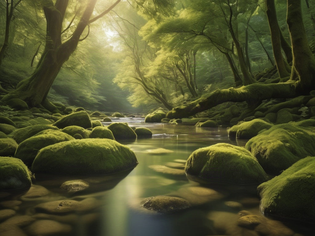 A calm shallow river flowing over mossy stones through a green forest, soft morning light filtering through the canopy, no text or logos
