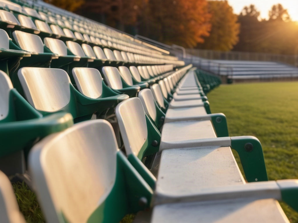 Empty stadium bleachers at golden hour in autumn — bleacher season with a flip and sip lid