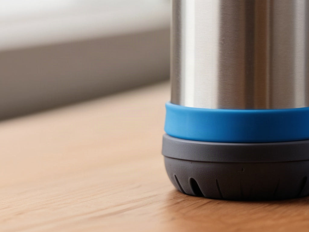 A close-up of a water bottle base wearing a blue silicone boot resting on a wooden desk in soft daylight