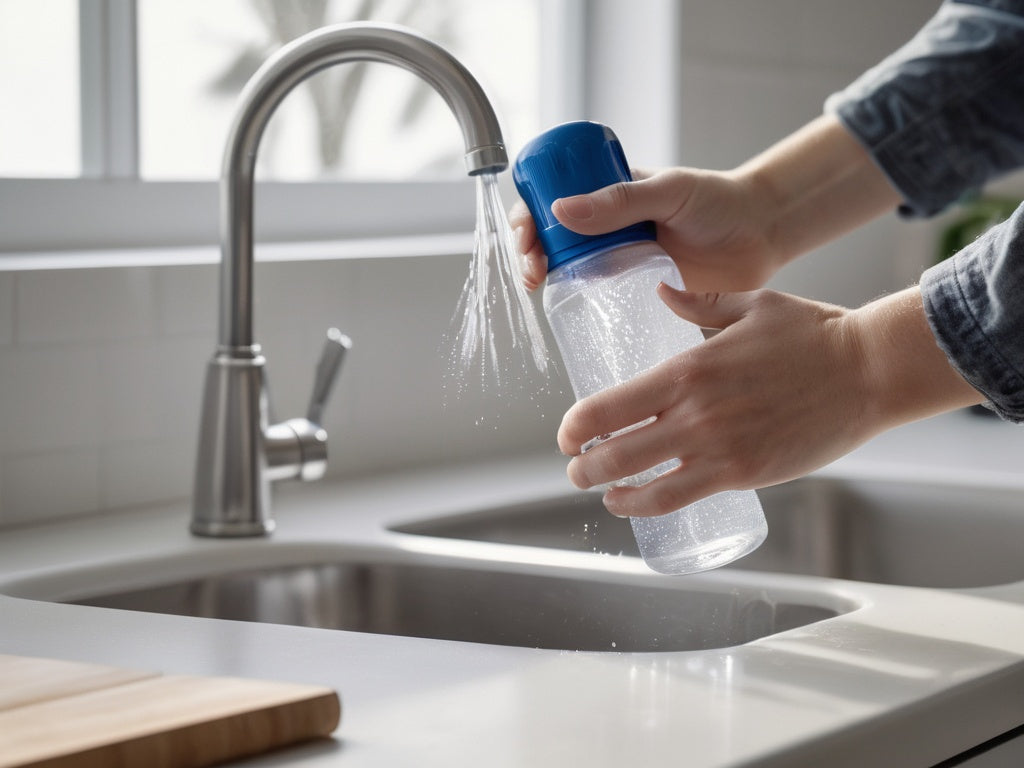 Hands cleaning a stainless steel water bottle with a bottle brush at a bright kitchen sink