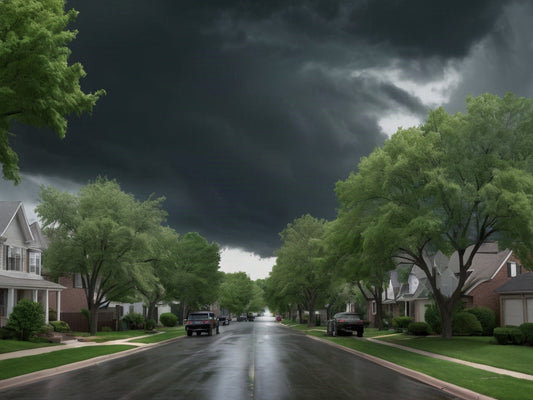 Heavy dark storm clouds gathering over a quiet tree-lined residential street