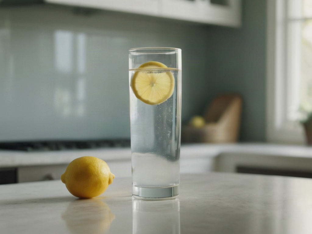 A tall glass of water with lemon on a kitchen counter in soft morning light