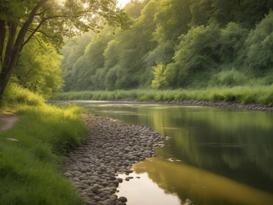 A calm winding river flowing through green wooded banks with a pebbled bank in soft morning light