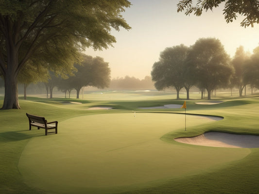 A quiet golf fairway and green at sunrise with an empty bench beside the path
