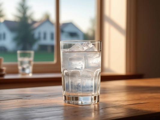 A tall glass of ice water on a wooden table beside a window in warm morning light