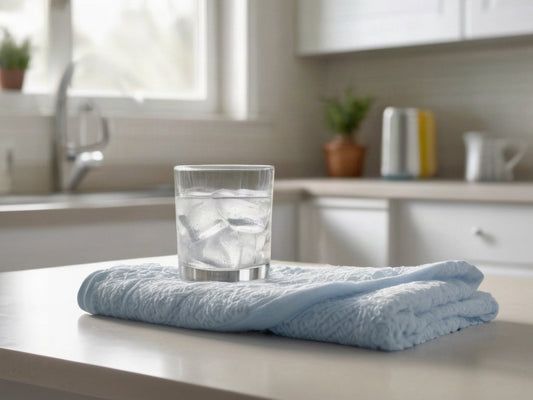A glass of ice water on a kitchen counter beside a folded baby blanket in soft daylight