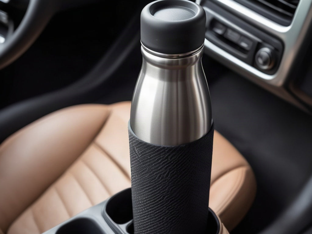 Insulated bottle with protective silicone boot in a car cup holder