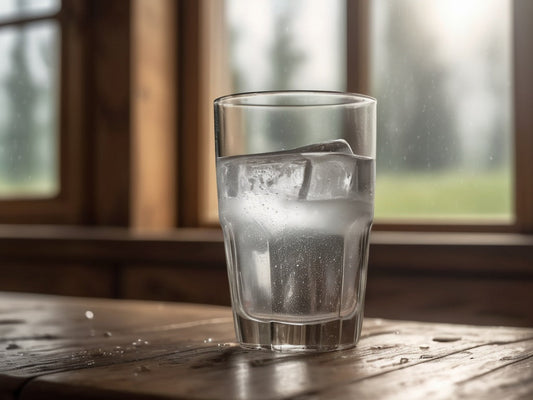 Glass of ice water on a wooden kitchen table in morning light