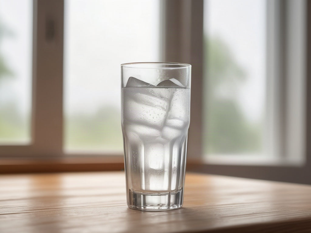 A tall clear glass of ice water with condensation on a wooden table in soft daylight