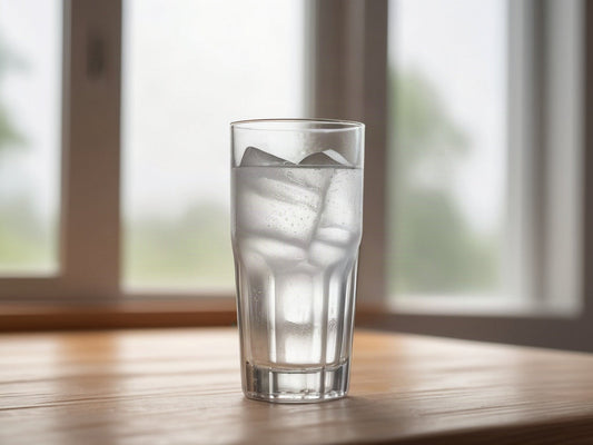 A tall clear glass of ice water with condensation on a wooden table in soft daylight