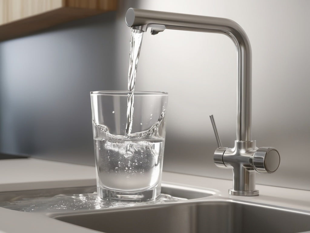 Water pouring from a kitchen faucet into a clear glass in daylight