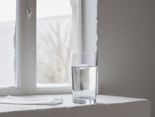 A tall glass of ice water on a pale windowsill beside a folded white cloth in soft daylight