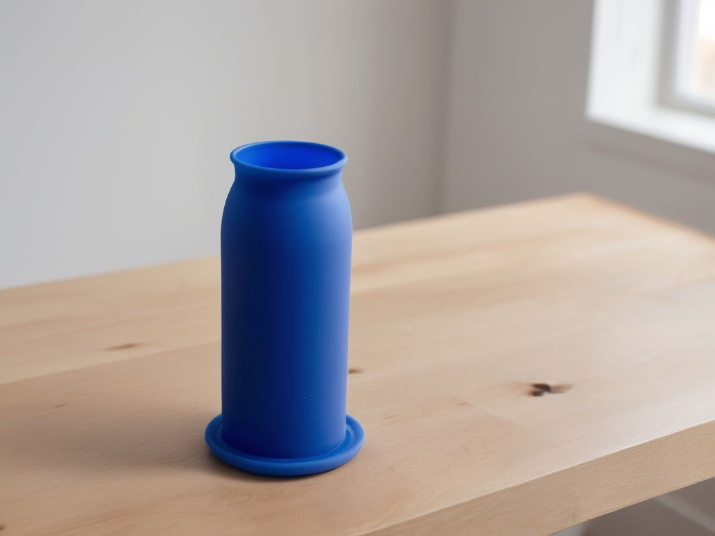 A single blue silicone bottle base sleeve boot on a light wooden table in soft daylight