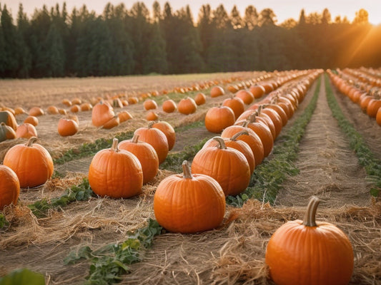 Pumpkin patch rows at golden hour with hay bales