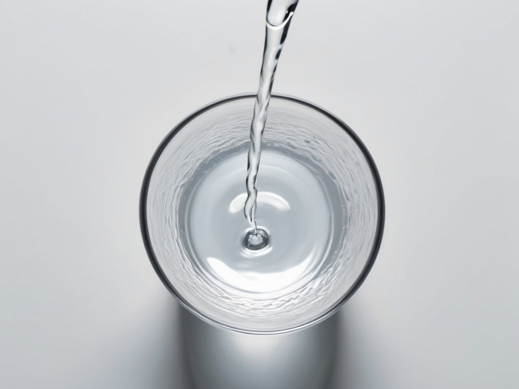 Clear fresh water pouring into a plain glass, top-down view
