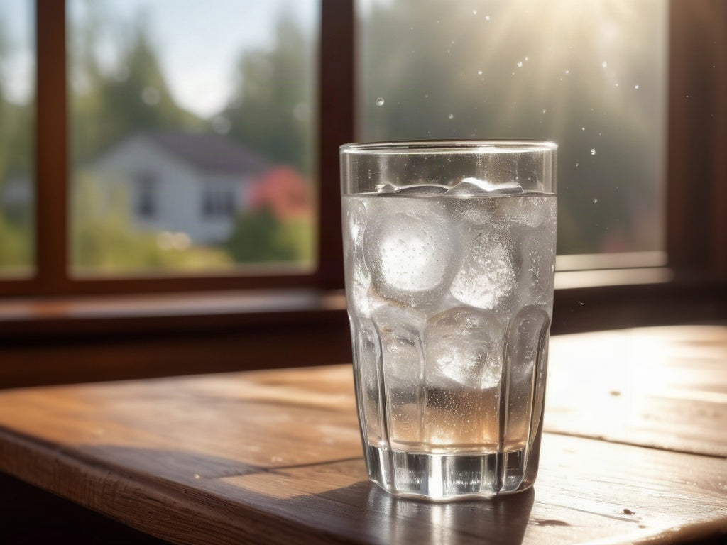 A tall glass of ice water with condensation on a sunlit wooden table by a window