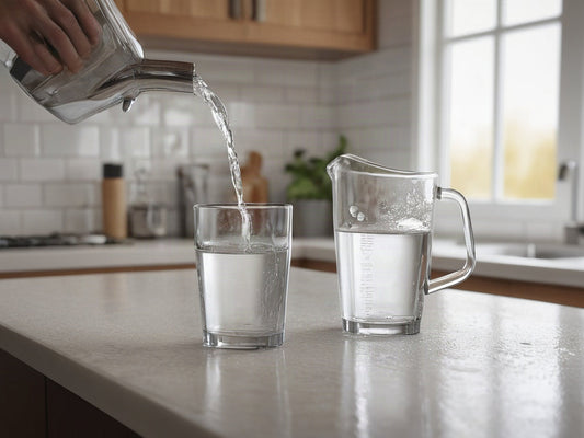 Water being poured between glass containers on a kitchen counter to re-aerate boiled water