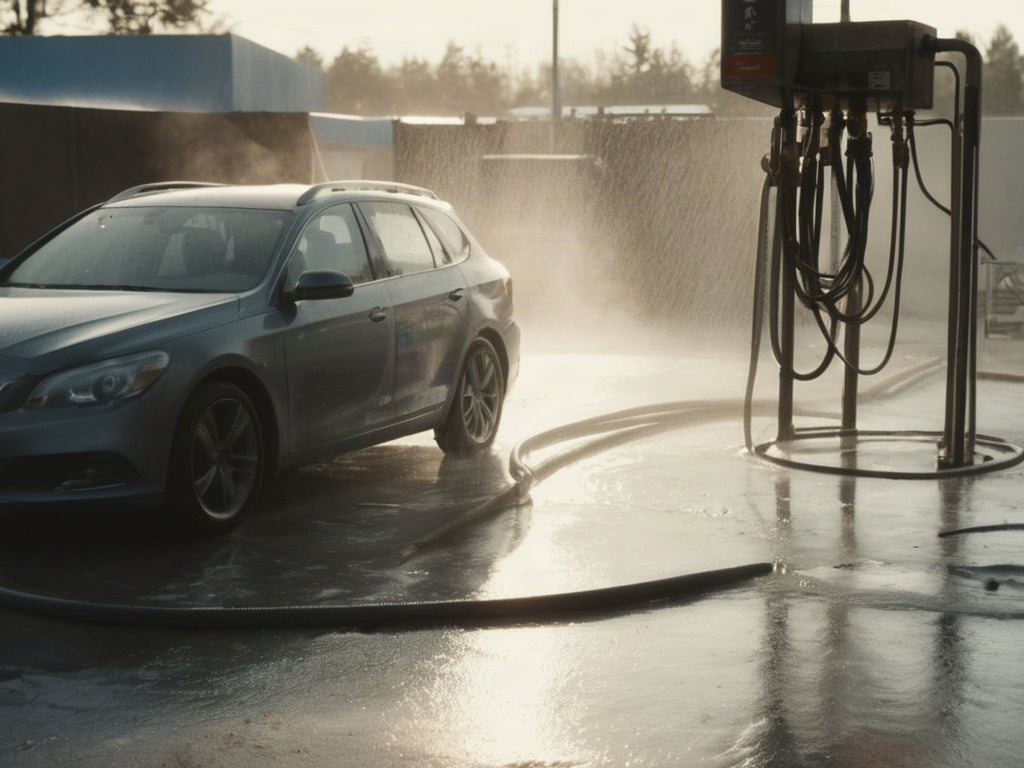 A car wash bay with hoses and spray catching sunlight