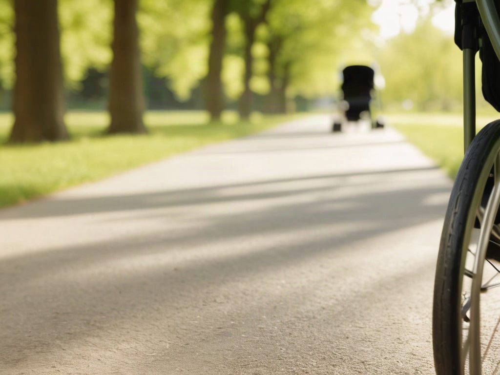 Stroller wheel on a sunlit park path