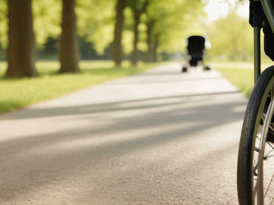 Stroller wheel on a sunlit park path