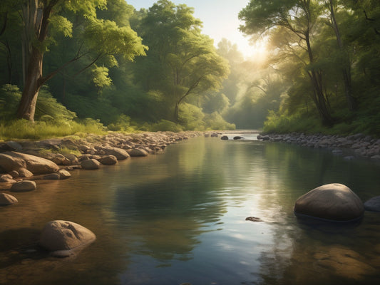 Serene river flowing through a lush green forest in golden morning light