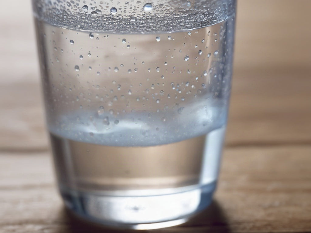 A cold glass of water with condensation droplets beading on the outside on a wooden surface